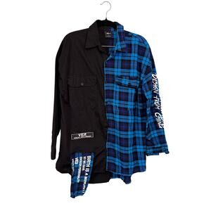 VE2 Visual Explosion 2 Shirt Men L Blue Black Plaid Button Up Hiphop Streetswear